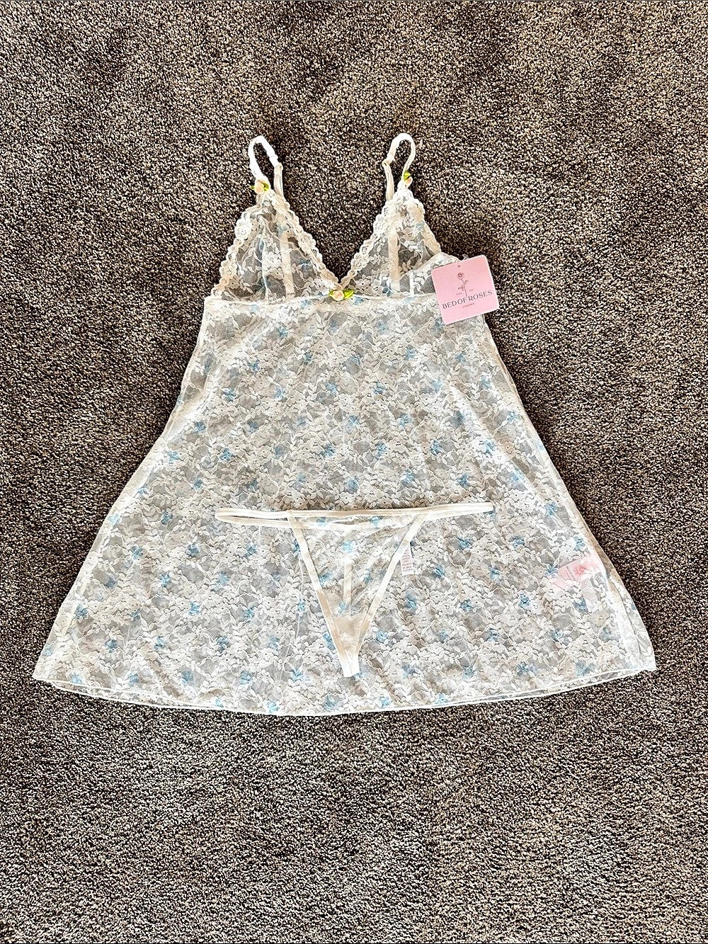 Bed of Roses Chemise Set Floral Lace in White & Blue NWT